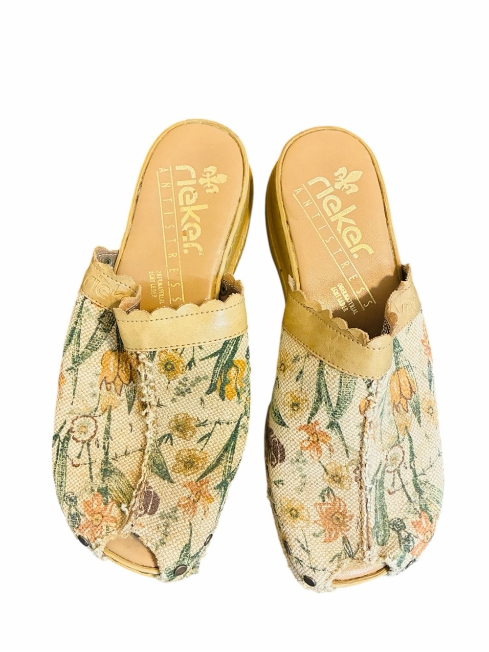 VINTAGE Rieker Anti Stress Slip On Mules Boho Botanical Print Peep Toe Size 37